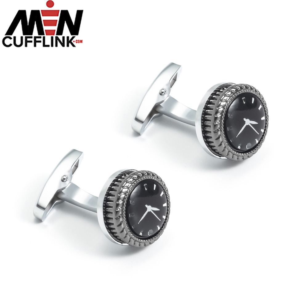 Black Round Clock Enamel Cufflinks