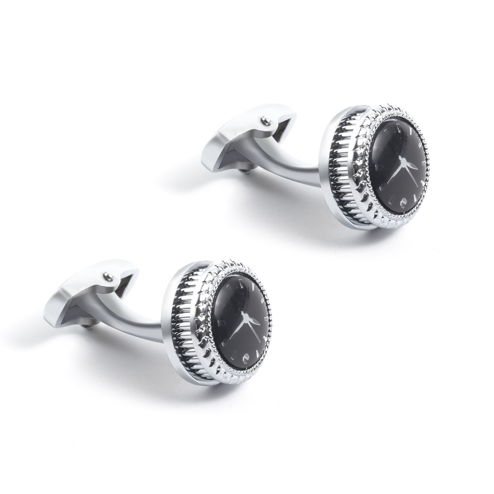 Black Round Clock Enamel Cufflinks