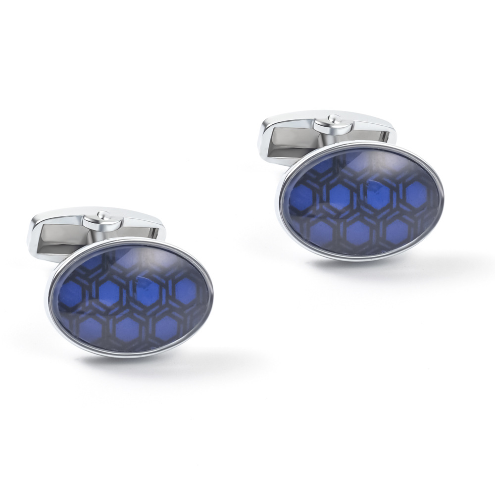 Metal cufflinks with blue textured photo paper epoxy enamel cufflinks