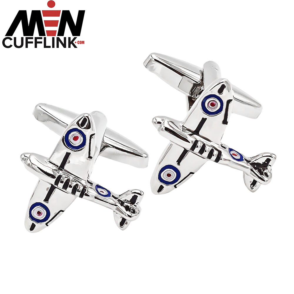 Silver Airplane Spot Painted Metal Cufflinks