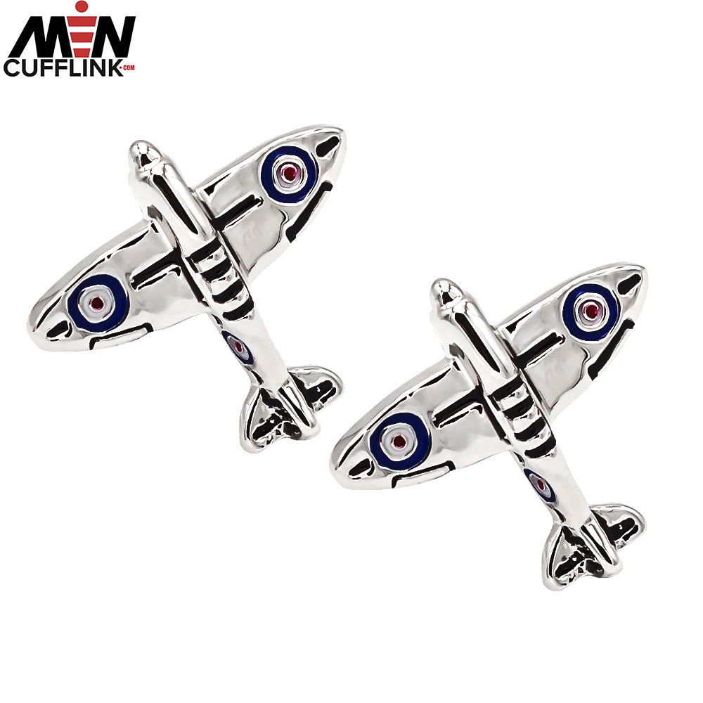 Silver Airplane Spot Painted Metal Cufflinks