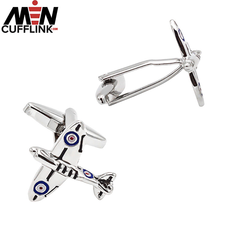 Silver Airplane Spot Painted Metal Cufflinks