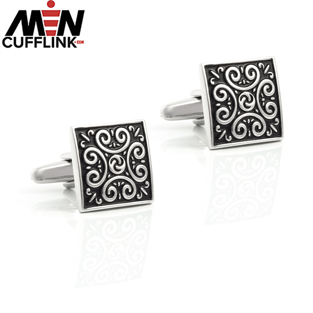 Square Cufflinks with Antique Roman Pattern Silver Metal cufflinks