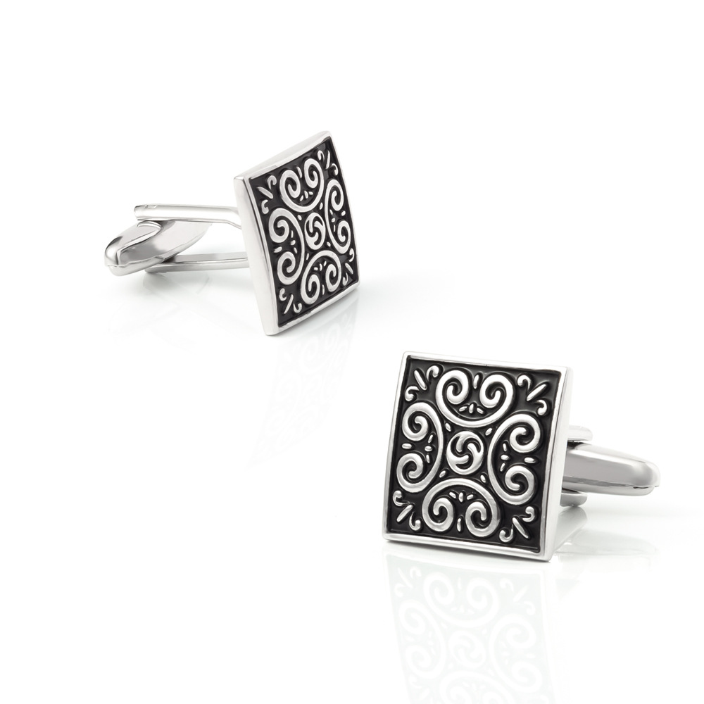 Square Cufflinks with Antique Roman Pattern Silver Metal cufflinks