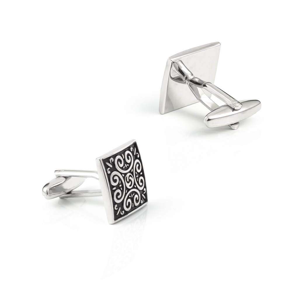 Square Cufflinks with Antique Roman Pattern Silver Metal cufflinks