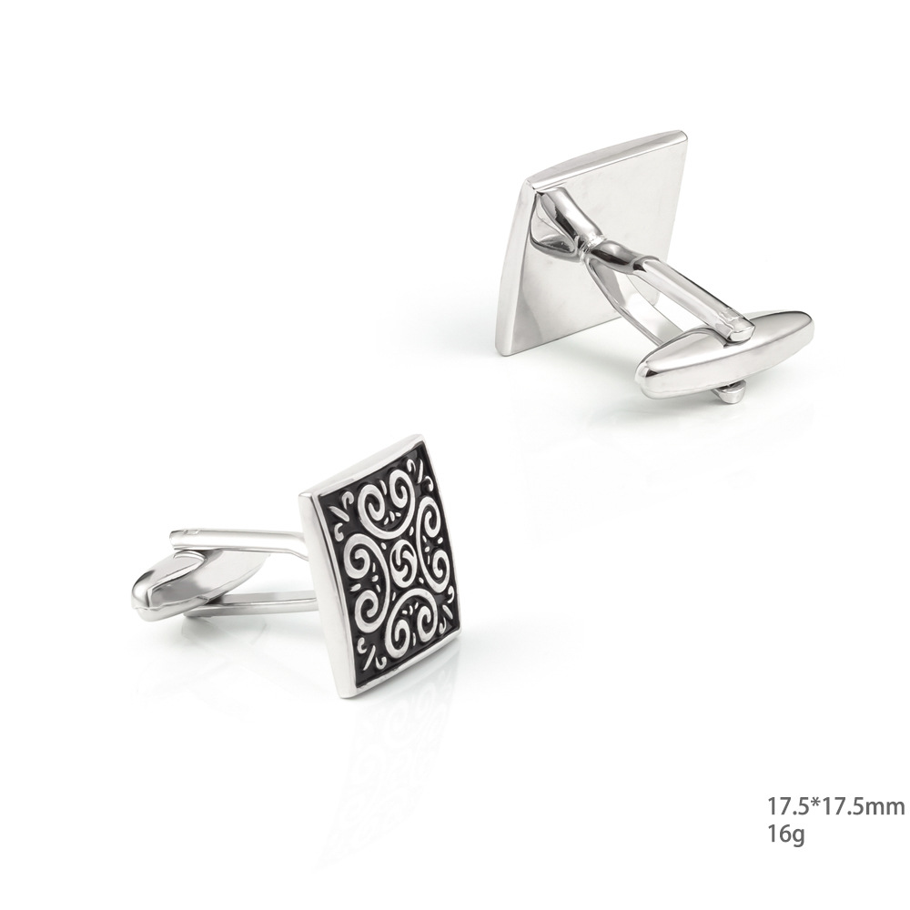 Square Cufflinks with Antique Roman Pattern Silver Metal cufflinks