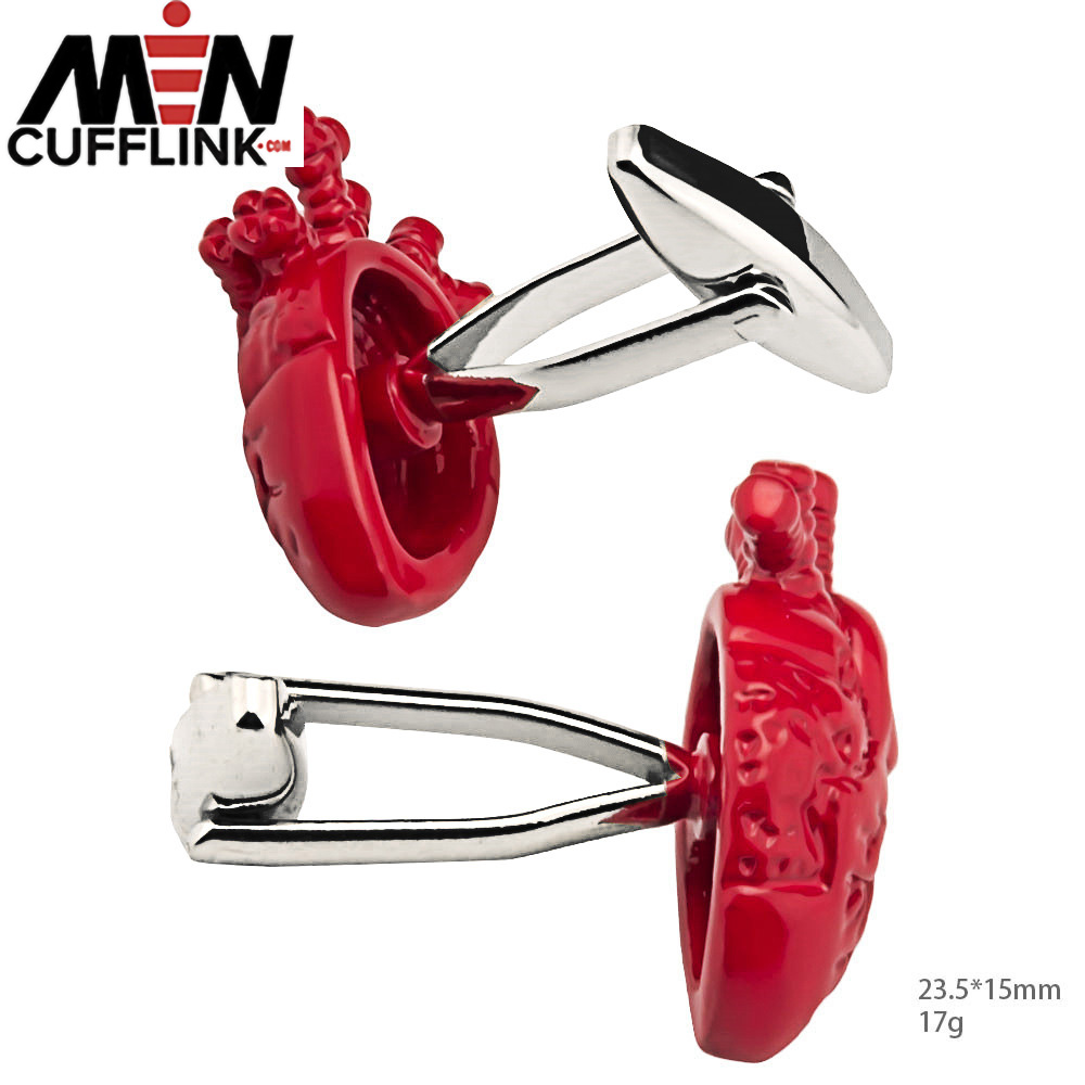 Red lacquered heart shaped metal cufflinks