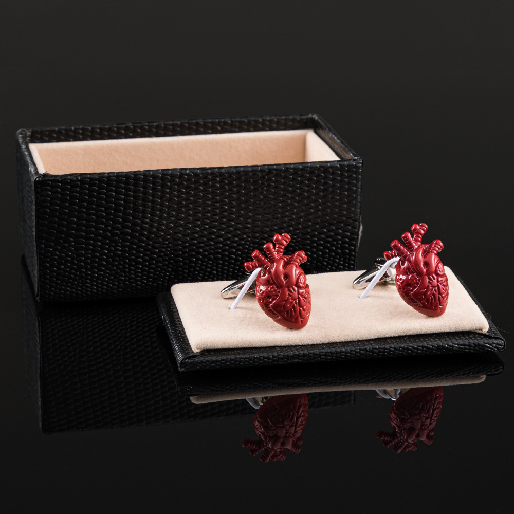 Red lacquered heart shaped metal cufflinks