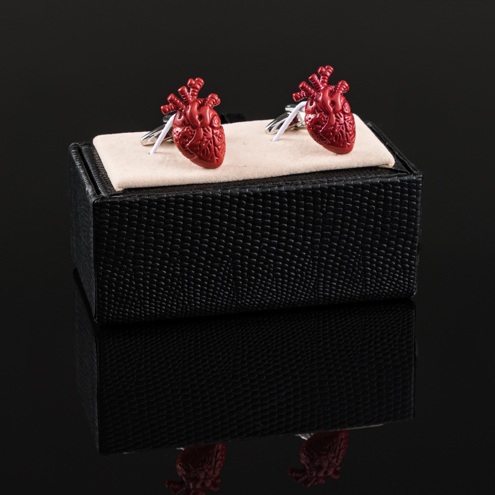 Red lacquered heart shaped metal cufflinks