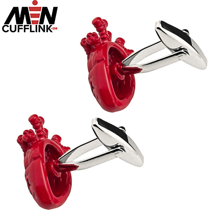 Red lacquered heart shaped metal cufflinks