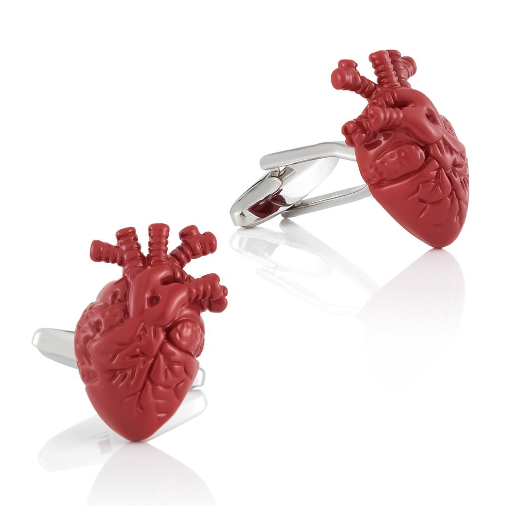 Red lacquered heart shaped metal cufflinks